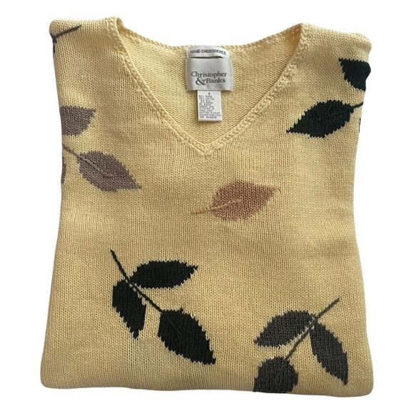 VINTAGE 90s Hand Embroidered Christopher & Banks Embroidered Leaf Sweater - Picture 1 of 6